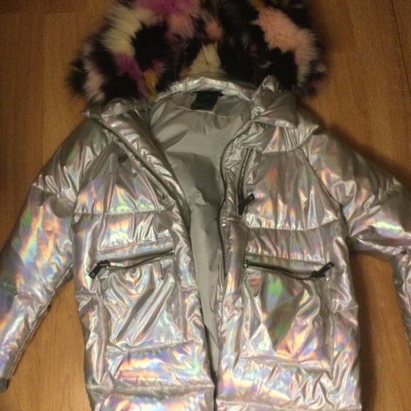 Jocelyn Iridescent Puffer Parka with Multicolored Removable Fur Hood - Picture 5 of 5